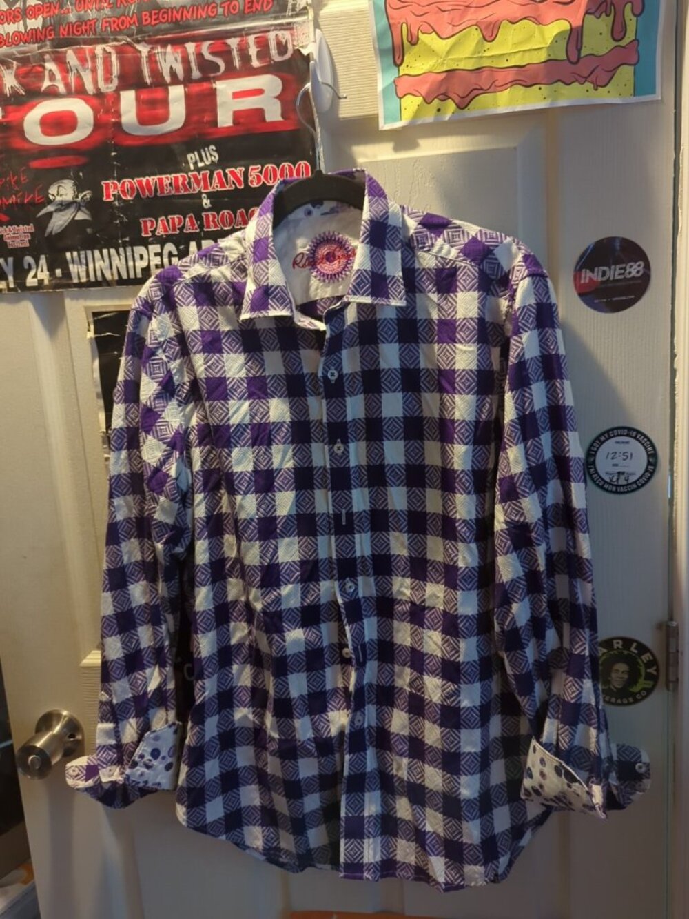 Robert Graham Shirt Mens Medium Purple Plaid Flip Cuff Classic Fit Button Up